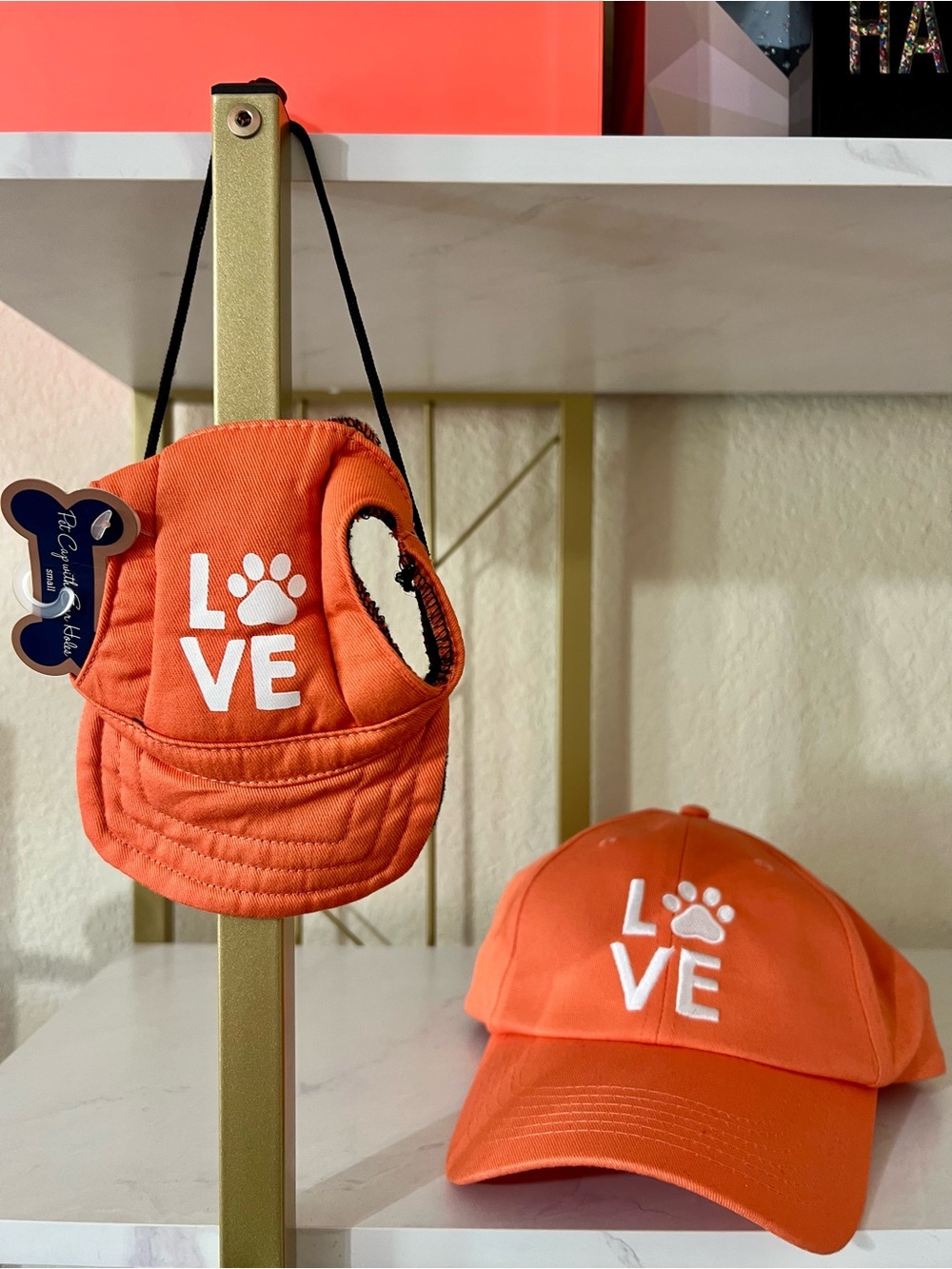 NWT Dog Parent and Dog Orange 'LOVE' Paw Adjustable Hats Dog Size Small